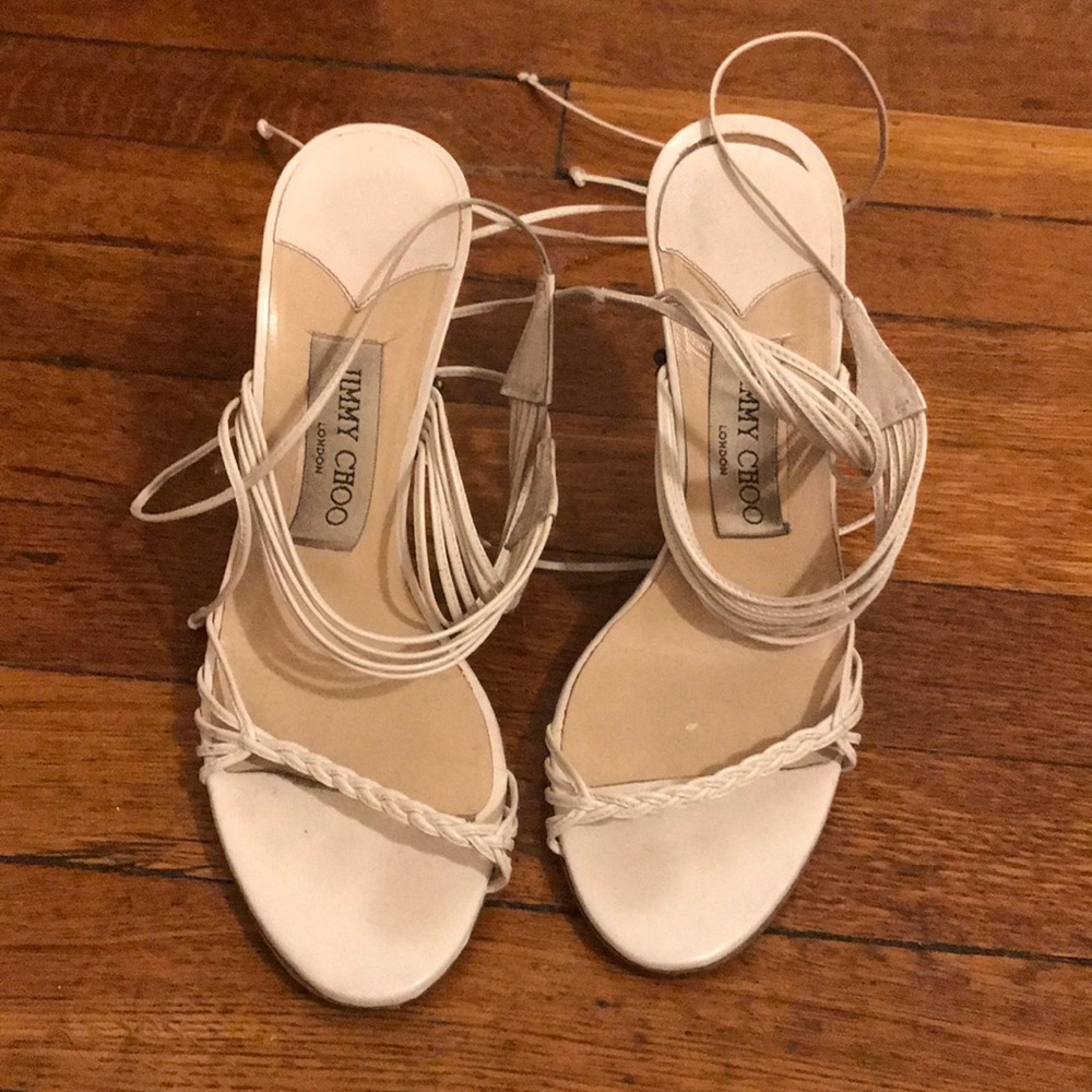 Jimmy Choo white wedge ankle tie sandles